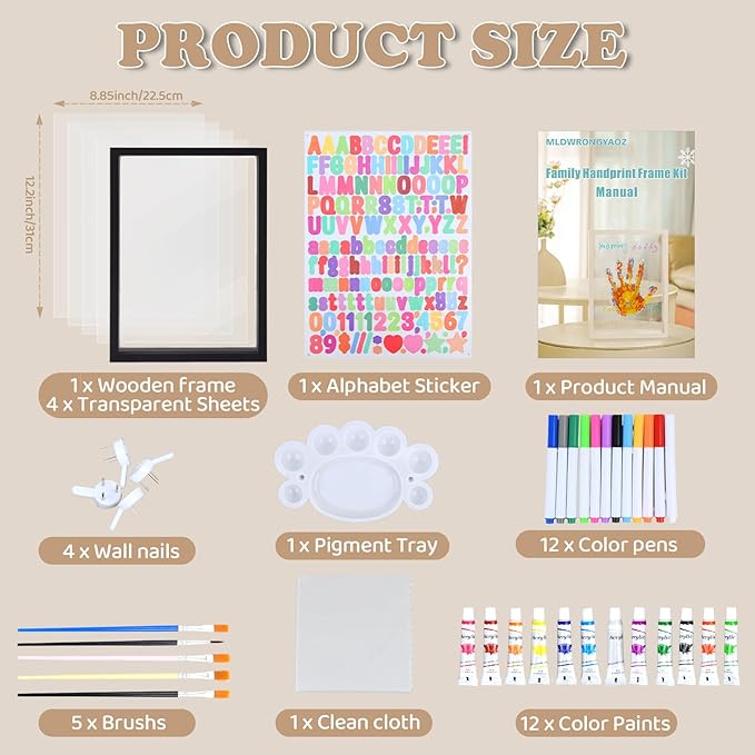 Family Handprint Frame Kit for 4 with 12 Paint Colors&12 Pens,Fun DIY Craft Art Print Handprint Keepsake, Family Gifts for Christmas Mother's Father's Day Birthday Anniversary,Grandparent(Black)