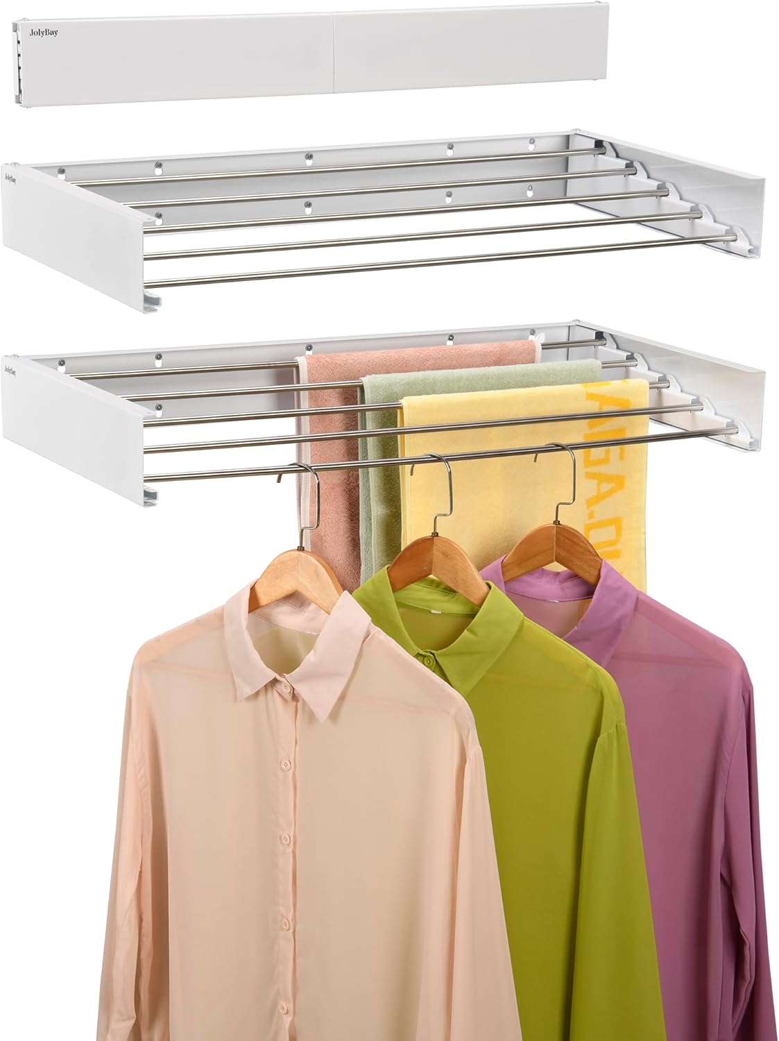 Wall Mounted Laundry Drying Rack, Retractable Clothes Drying Rack for Bathroom with Wall Template, 5 Stainless Rods Heaving 60 lb Capacity (White, 31.5") - NestledHome