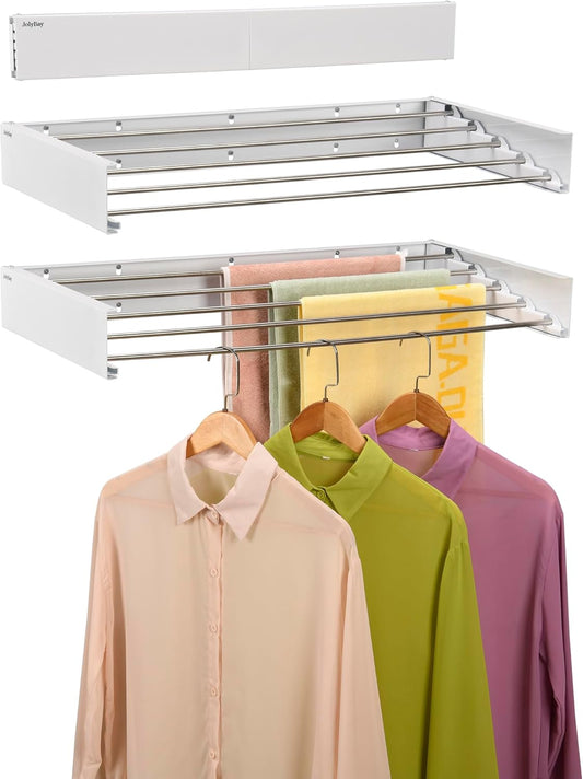 Wall Mounted Laundry Drying Rack, Retractable Clothes Drying Rack for Bathroom with Wall Template, 5 Stainless Rods Heaving 60 lb Capacity (White, 31.5") - NestledHome