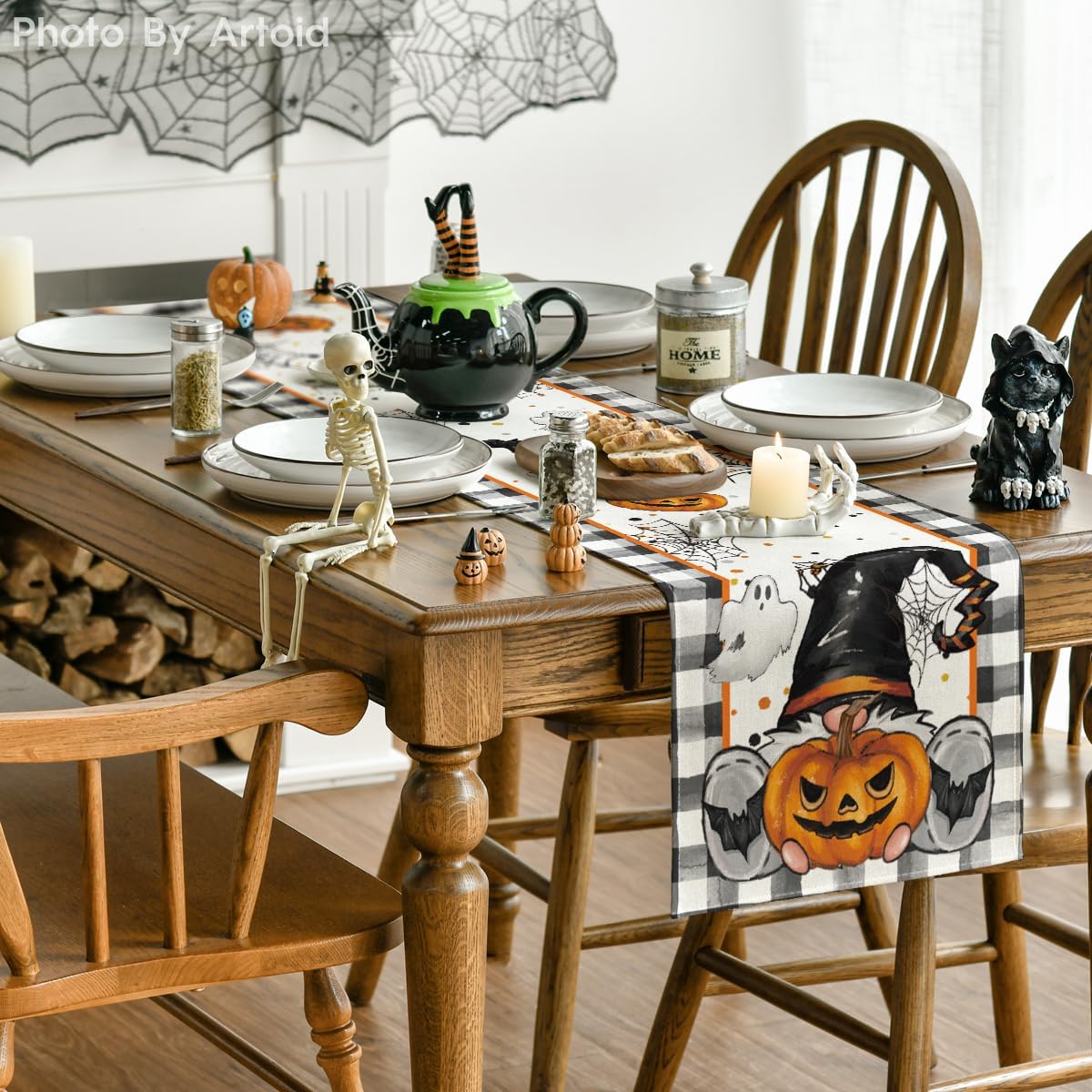 Artoid Mode Buffalo Plaid Gnome Bat Pumpkin Ghost Halloween Table Runner, Sensonal Kitchen Dining Table Decor for Home Party 13x36 Inch