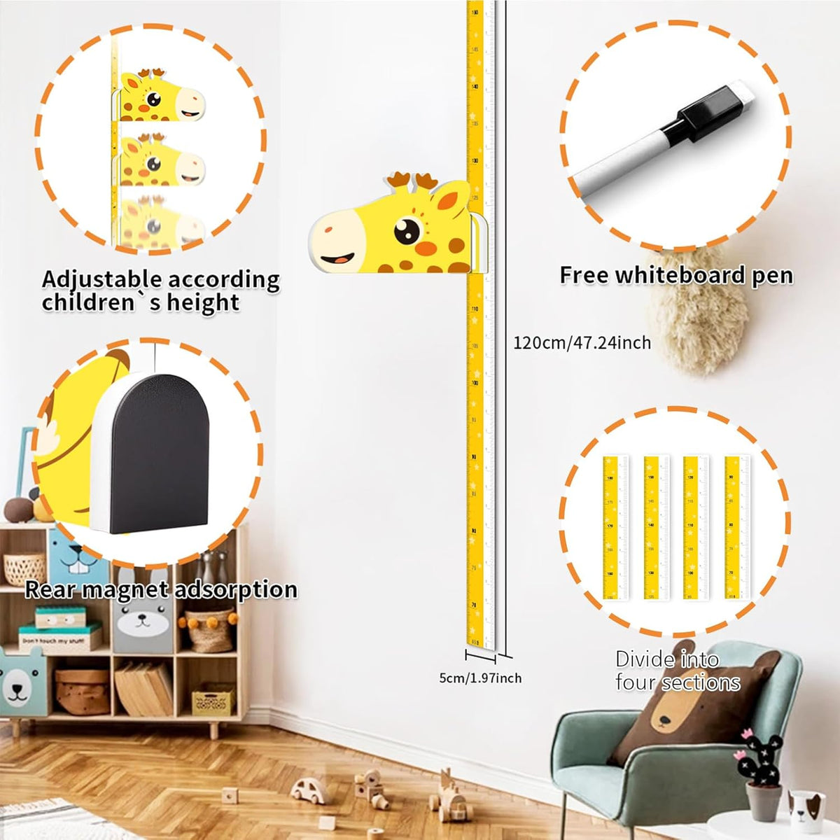 Kids Growth Chart Height Measure Wall Decal Animal Alphabet Stickers Giraffe Design Removable Wall Decorations - NestledHome