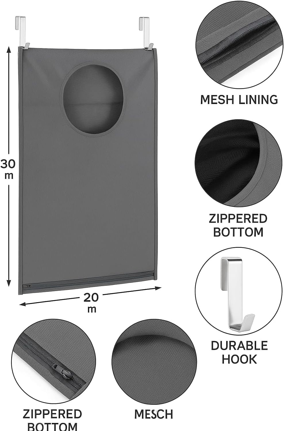 Hanging Laundry Hamper Bag – Space-Saving Dirty Clothes Storage with Free Adjustable Stainless Steel Over-the-Door Hooks & Suction Cup Hooks – Ideal for bathrooms, bedrooms & dorms (2, Gray) - NestledHome