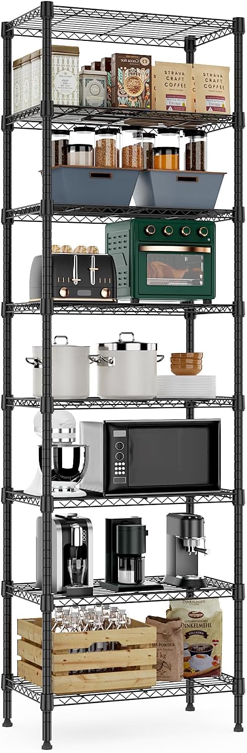 8 Tier 2000 lbs Storage Rack Metal Wire Shelving Unit, Storage Standing Shelf Organizer for Laundry Bathroom Kitchen Pantry Closet Garage Basement Utility Room, Black 13.8" D x 23.6" W x 79.5" H - NestledHome