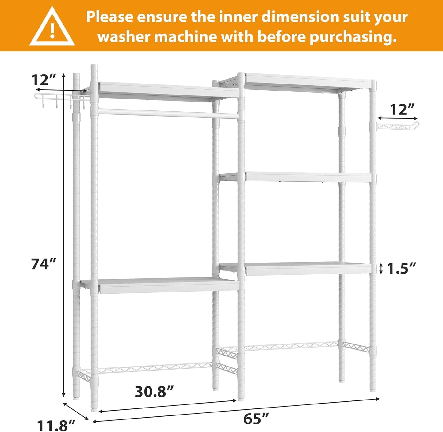 CABIHOME 5-Tier Over-The-Washer Shelf - Adjustable Height Laundry Organizer Space Saver, Double-Layer 100lb Shelves, 2 Hooks for Bathroom/Balcony (White) - NestledHome