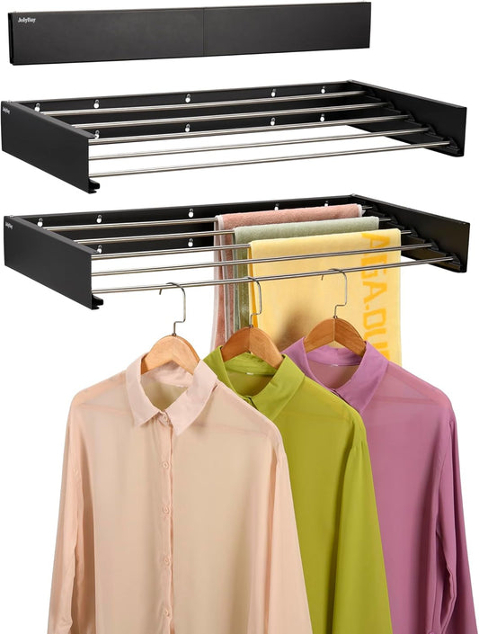 Wall Mounted Laundry Drying Rack, Retractable Clothes Drying Rack for Bathroom with Wall Template, 5 Stainless Rods Heaving 60 lb Capacity (Black, 31.5") - NestledHome