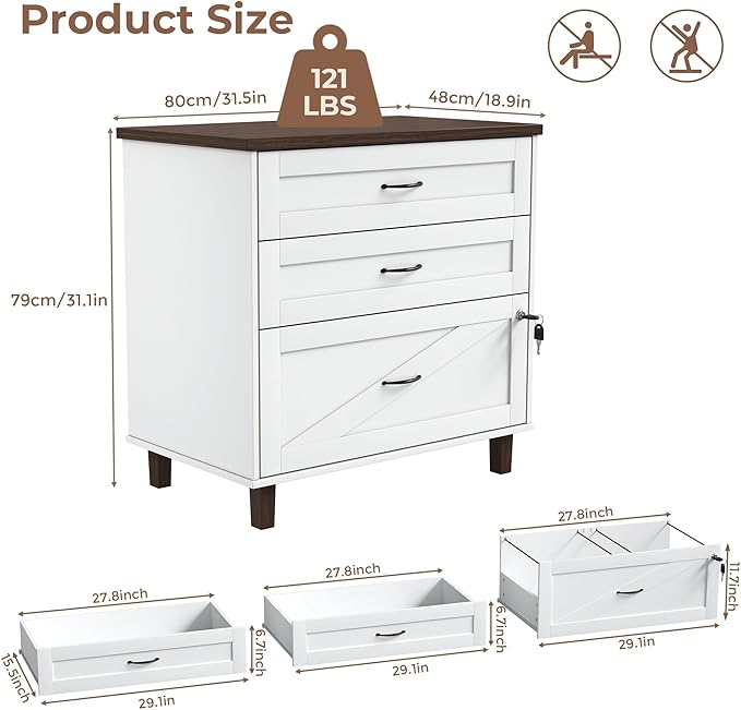3 Drawer File Cabinet 32" Wide Lateral Filing Cabinets with Hanging File Folders for A4 Letter Legal Wood Office Storage Organizer Furniture Printer Stand for Home Office, Living Room（White）