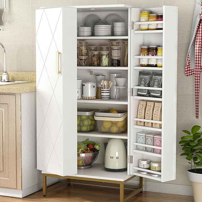 51” Kitchen Pantry Storage Cabinet, White Freestanding Pantry Cabinets with Doors and Adjustable Shelves, Buffet Cupboards Storage Cabinet for Home Office Use, Dinning Room(White + Gold)