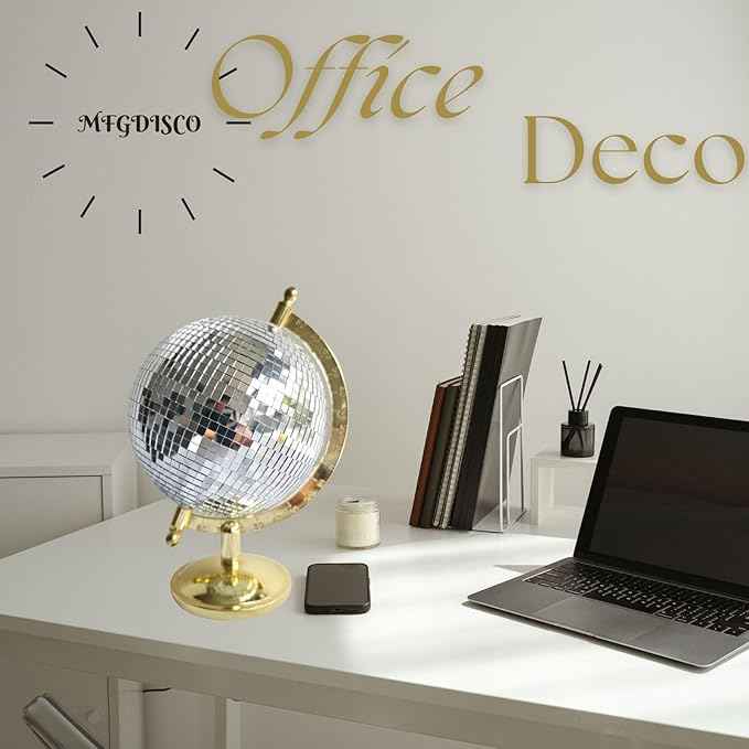 Disco Ball Globe Home Decor Statues Classic Tabletop Art Sculpture Gold Discoball Unique Western Modern Decorative Aesthetic Sculptures, 6.5" x 6" x 9",Bright Gold