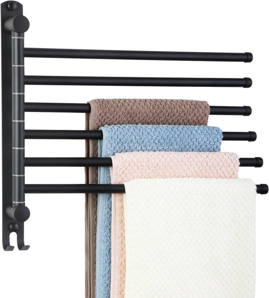 Space Saving Towel Rack JSVER Black Space Saving Towel Holder, Towel Rack Wall Mounted, Swivel Hand Towel Holder, 6-Arms Towel Bar, Towel Racks for Bathroom - NestledHome