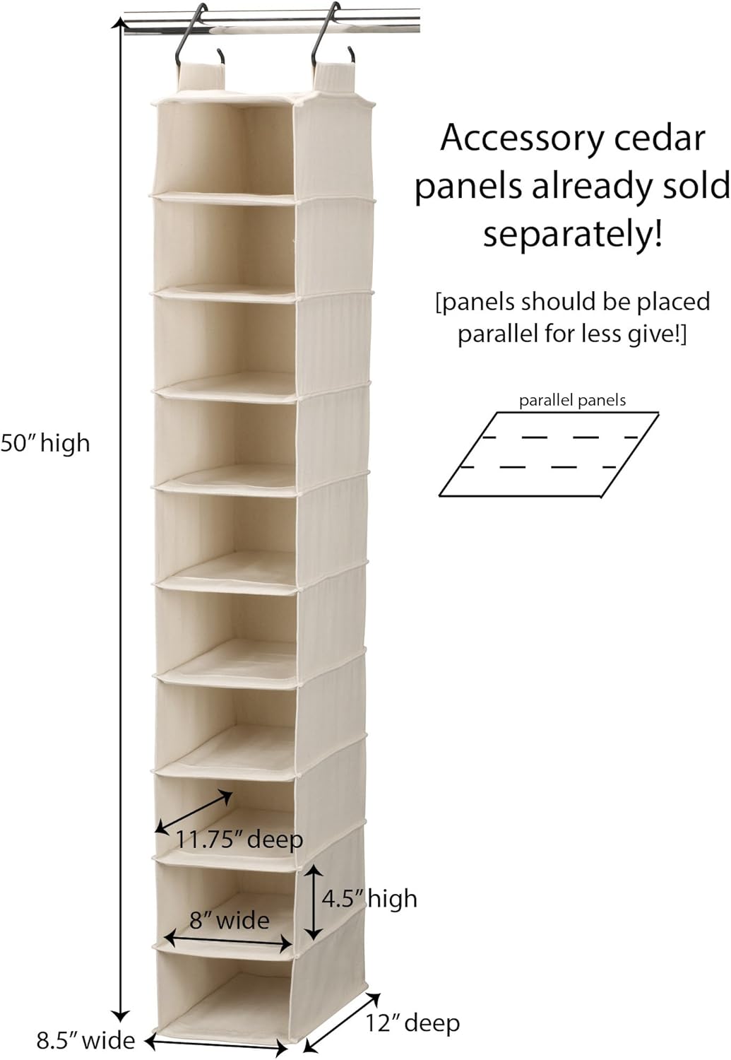 Household Essentials Hanging Shoe Organizer, 10 Wide Cubbies with Cedarline Pockets, Heavy-Duty Cotton Canvas, Removable and Industrial Hooks, Natural - NestledHome