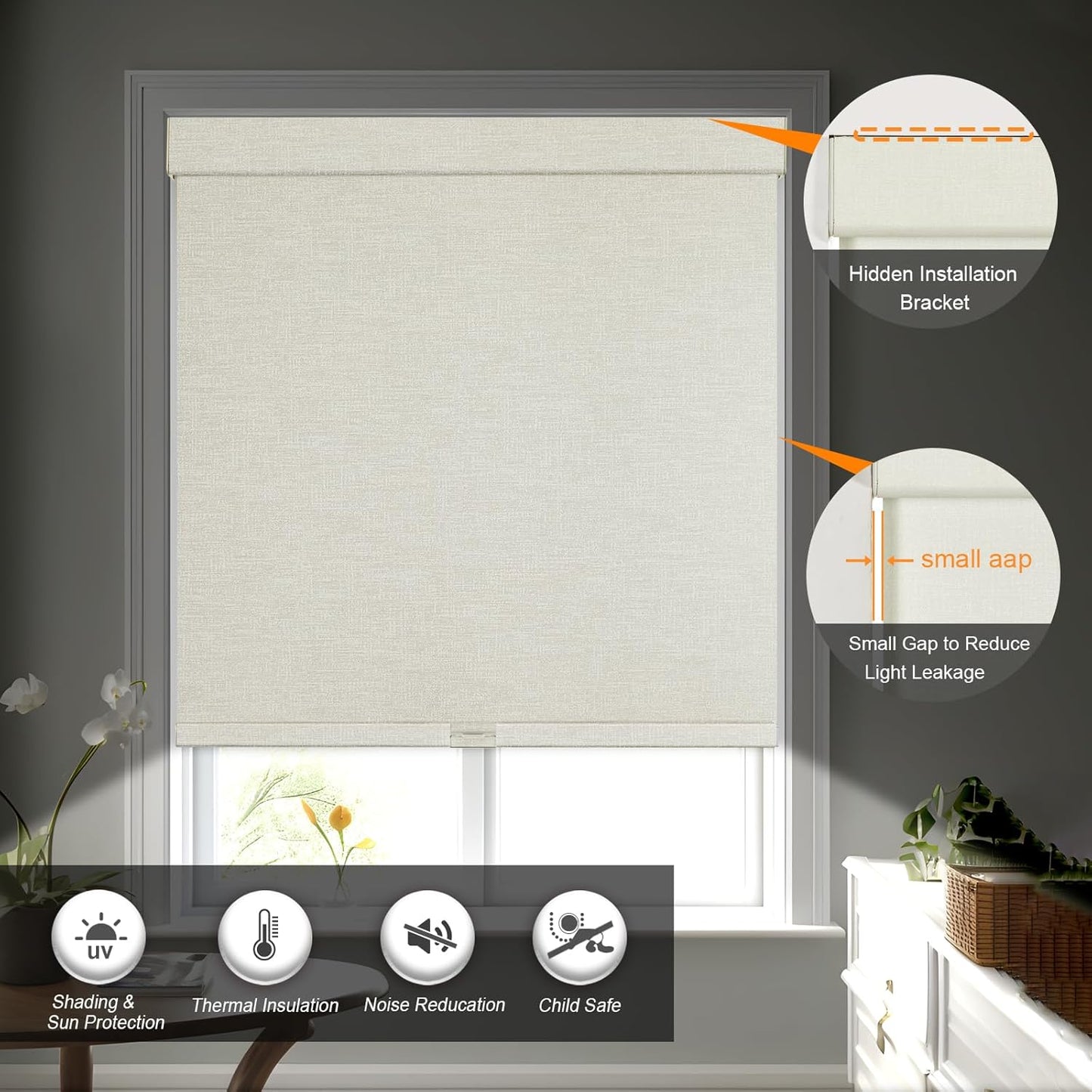 Persilux Blackout Shades for Windows Cordless Roller Blinds, Roller Windows Shades for Home with Fabric Attached Valance, UV Protections Easy Installation for Door/Office, Limestone(85.5" W x 84" H)