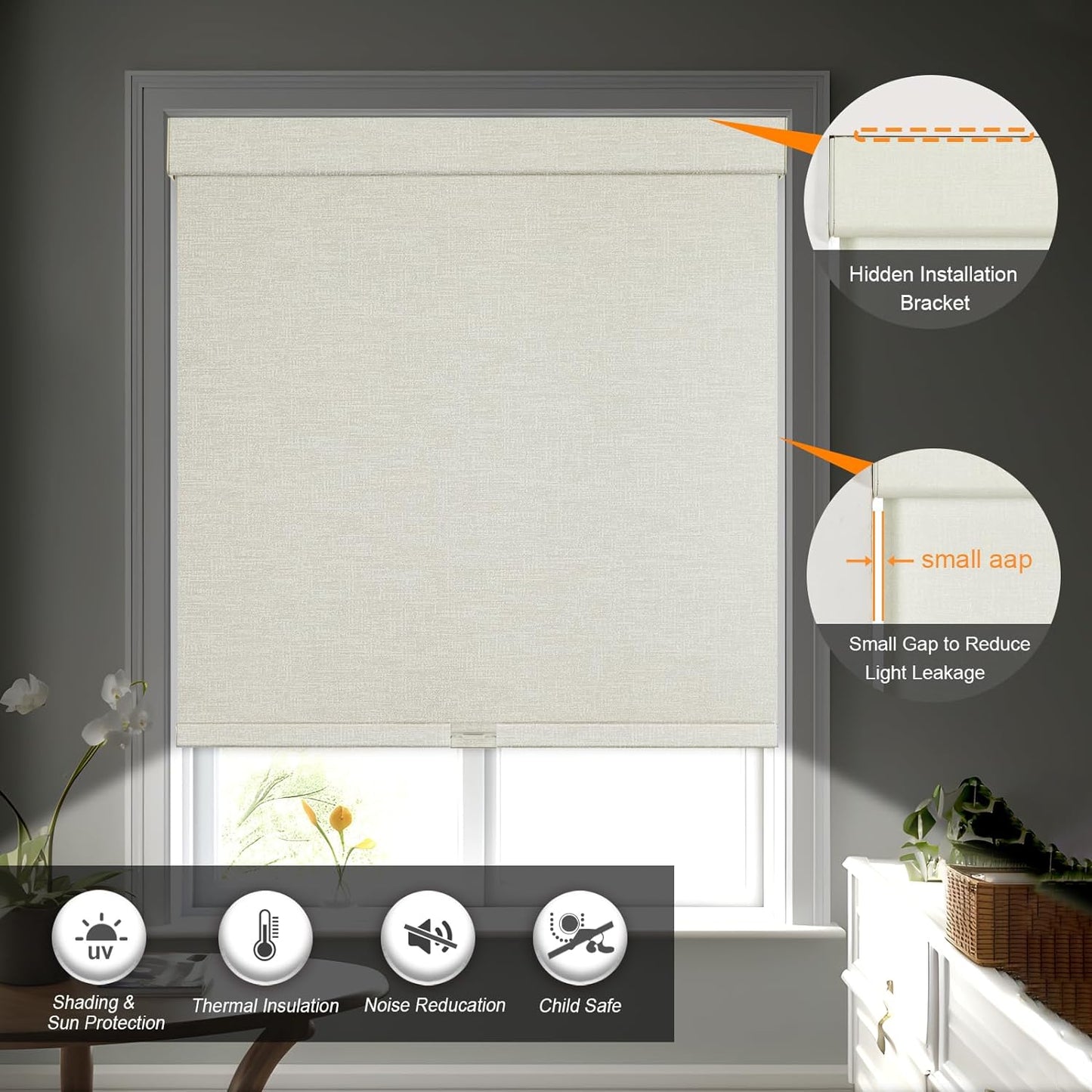 Persilux Blackout Shades for Windows Cordless Roller Blinds, Roller Windows Shades for Home with Fabric Attached Valance, UV Protections Easy Installation for Door/Office, Limestone(74" W x 48" H)
