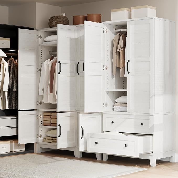 GarveeHome Armoire Wardrobe Closet with 2 Drawers,72 in Wooden Wardrobe Cabinet with Hanging Rod, Tall Clothing Armoire Cabinet with Doors and 18 Adjustable Shelves for Bedroom, Clothes, Rustic White