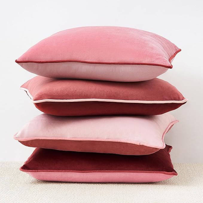 MONDAY MOOSE Decorative Throw Pillow Covers Cushion Cases, Set of 4 Soft Velvet Modern Double-Sided Designs, Mix and Match, Pillow Inserts Not Included (18x18 inch, Pink/Dark Pink)