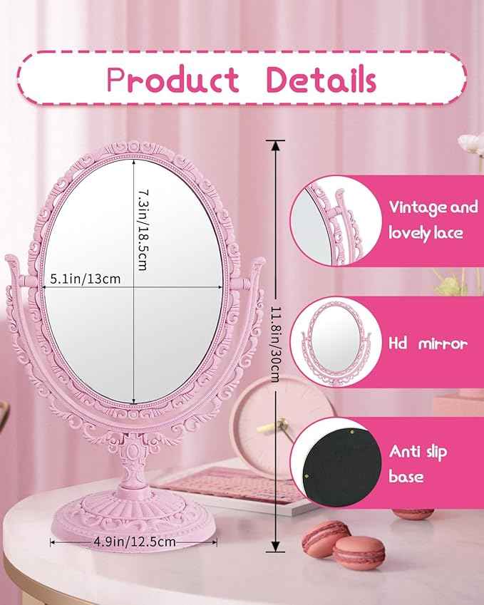 XPXKJ Pink Vintage Vanity Mirror Shabby Chic Decor | 360° Rotating Double-Sided Table Makeup Mirror with Stand Bedroom Decoration Perfect for Tabletop, Desk, Or Makeup Station