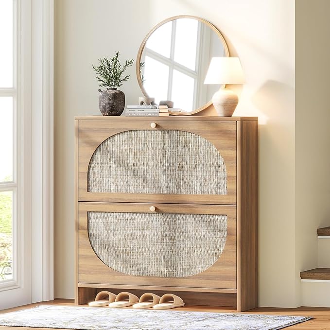 Nicetree Rattan Arched Accent Shoe Storage Cabinet - Freestanding Ultra Slim for Entryway, 2 Flip Drawers & 3-Tier Adjustable Shelves, Farmhouse Modern Rustic Shoe Rack for Hallway, Foyer, Living Room