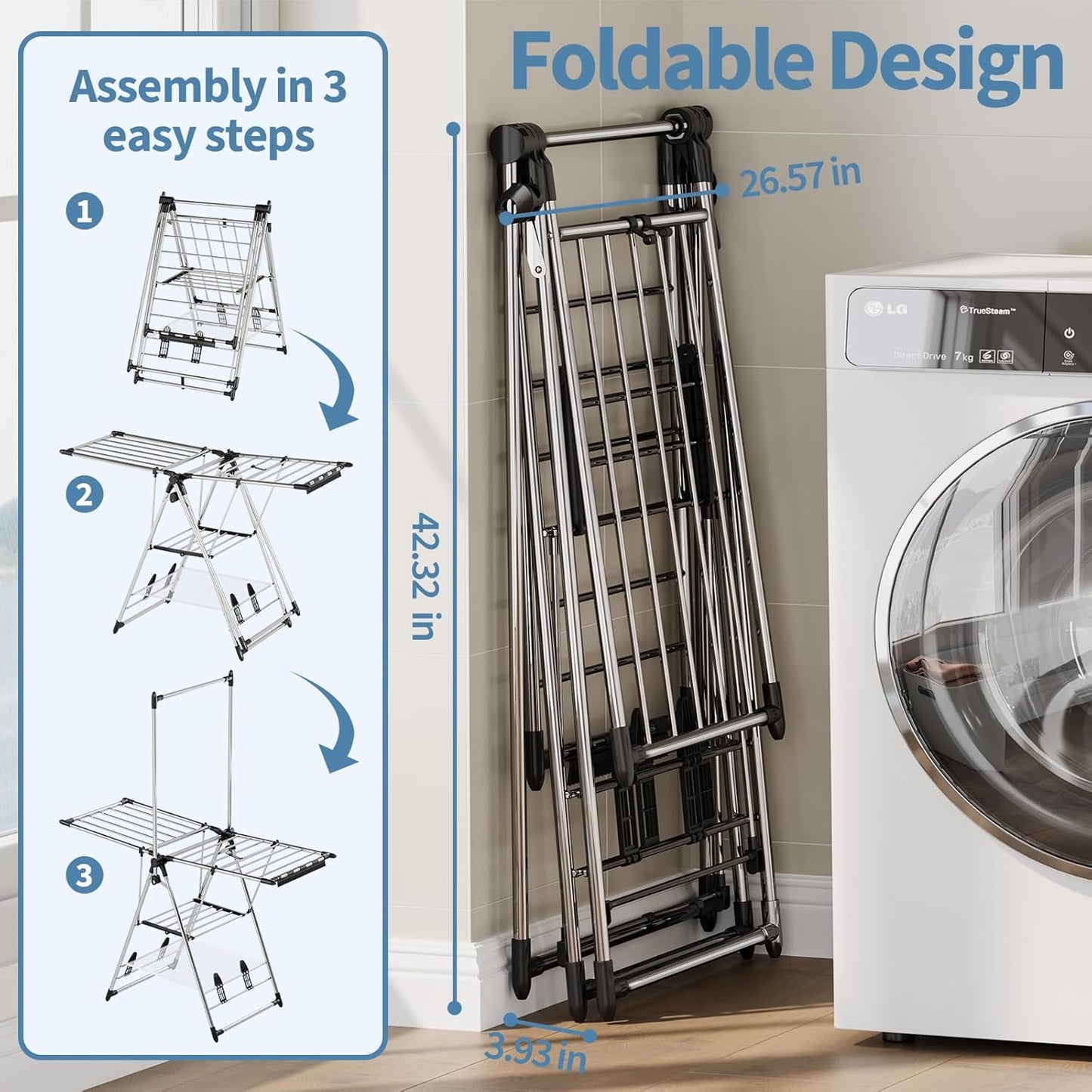 APEXCHASER Clothes Drying Rack with High Hanger, Foldable 3-Level Drying Racks with Shoe Rack, Crossbar and Vertical Rod Laundry Stand with Adjustable Wings Silver - NestledHome