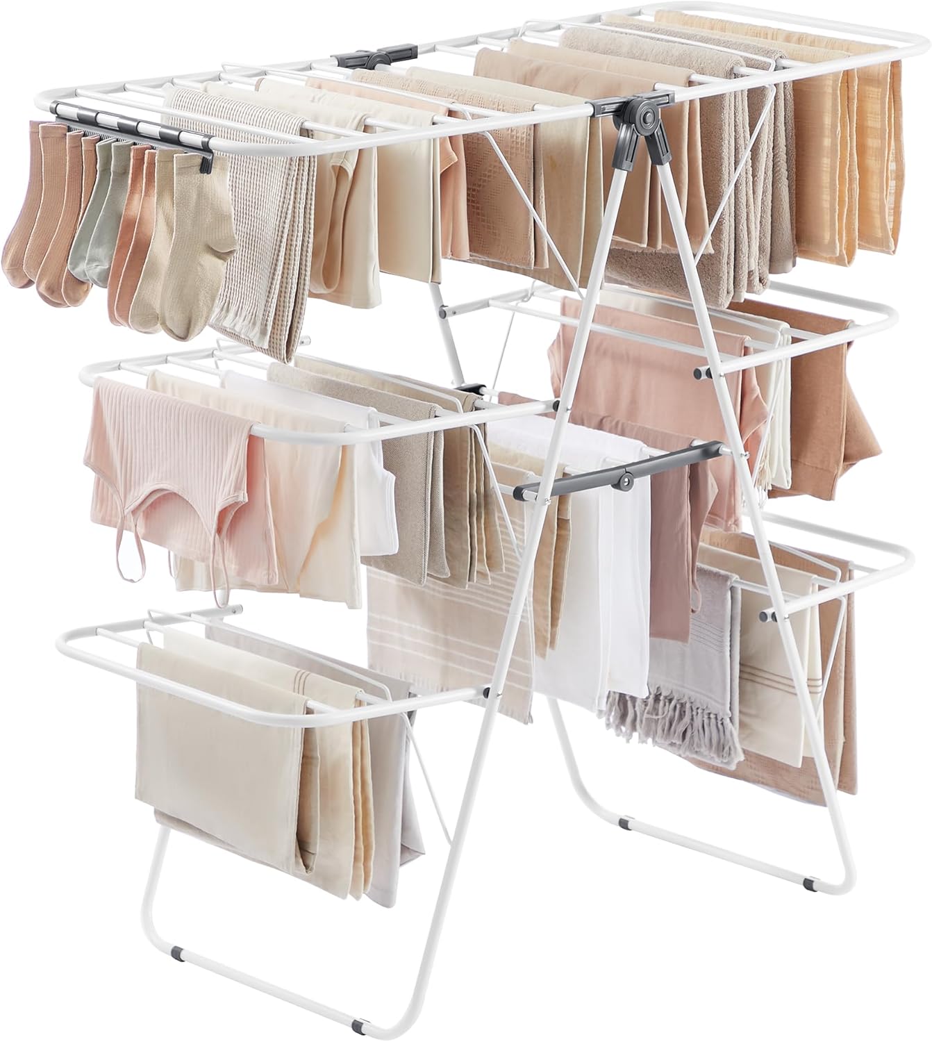 SONGMICS Clothes Drying Rack, Foldable 3-Level Laundry Rack, Free-Standing Large Drying Rack, with Height-Adjustable Wings, 39 Drying Rails, Sock Clips, White and Gray ULLR054W01 - NestledHome