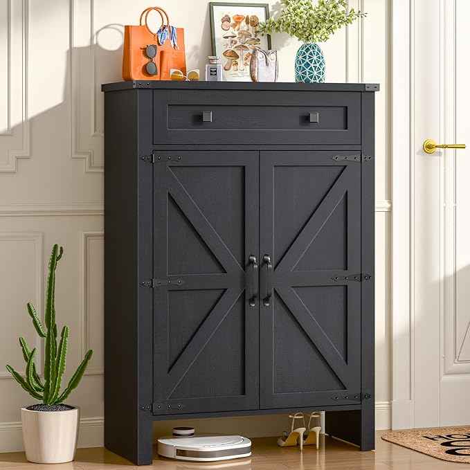 Vabches Shoe Storage Cabinet, 5-Tier Farmhouse Shoe Cabinet with Adjustable Shelves & Drawer, Wooden Shoes Rack Cabinets Storage Organizer with Doors for Entryway, Hallway, Closet, Living Room, Black