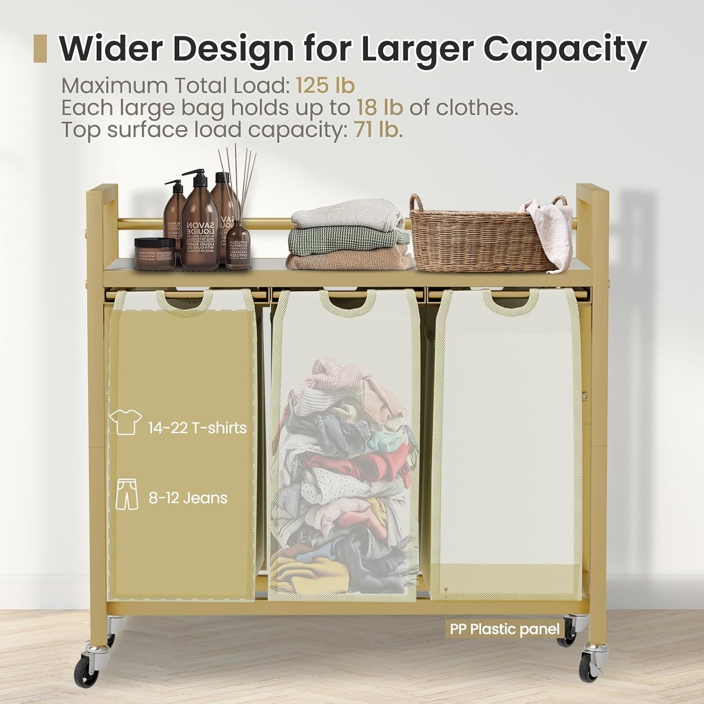 Laundry Hamper, Laundry Basket, Laundry Sorter with 3 Removable Bags, Clothes Basket with 3 Compartments, Wheels, Shelf for Laundry Room Bathroom Bedroom (3 Bags-Golden) - NestledHome