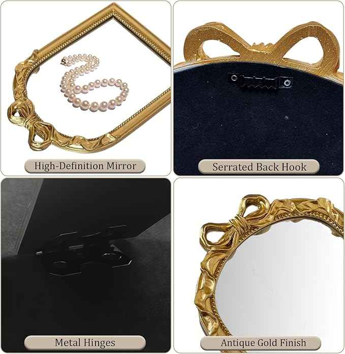 Vintage Vanity Desk Mirror - 13x10 Inch Wall-Mounted & Tabletop Decorative Ornate Gold Accent Retro Makeup Mirror for Bedroom Dresser Bathroom Living Room Dorm(Gold, 13" L x 10" W Bow)