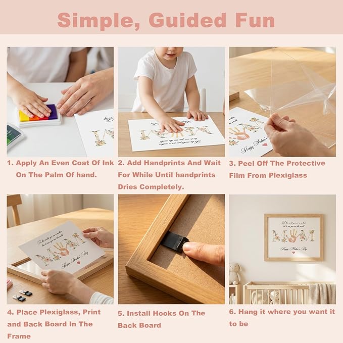 TwoDays Mother's Day Handprint Gift from Kids - DIY Keepsake Craft for Mom & Grandma, Family Activity Handprint & Flower Kit, Great Gift for Mother’s Day (11" X 14", Wood Frame)