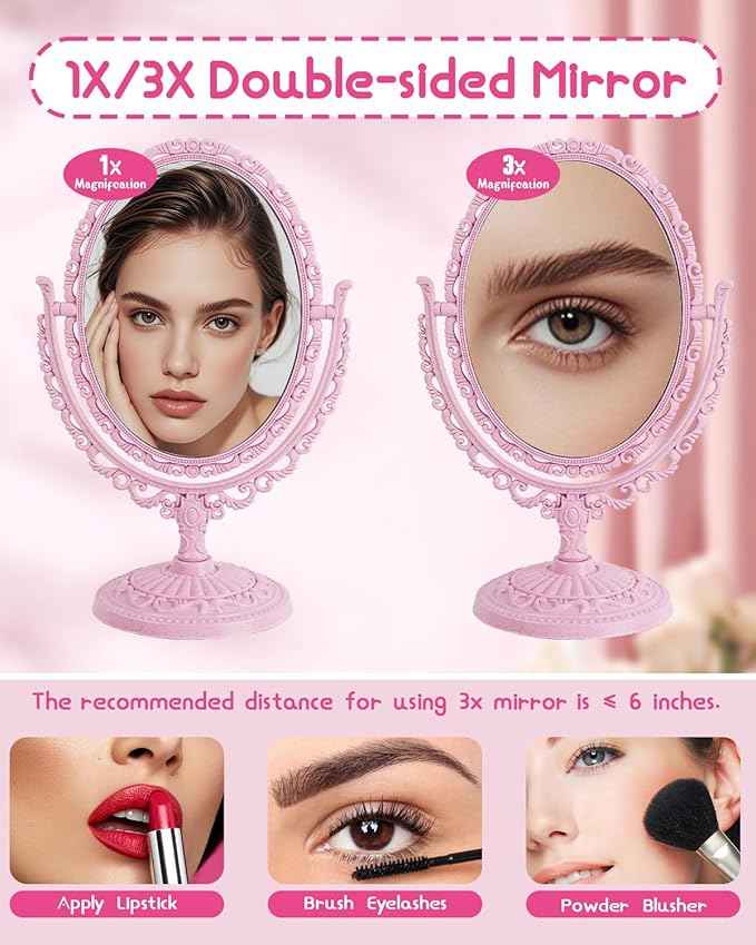 XPXKJ Pink Vintage Vanity Mirror Shabby Chic Decor | 360° Rotating Double-Sided Table Makeup Mirror with Stand Bedroom Decoration Perfect for Tabletop, Desk, Or Makeup Station