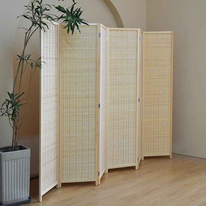 6 Panel Bamboo Room Divider – 5.6 ft Tall Folding Privacy Screen, Natural Beige Freestanding Room Partition Wall (67" x 92.1", 6-Panel)