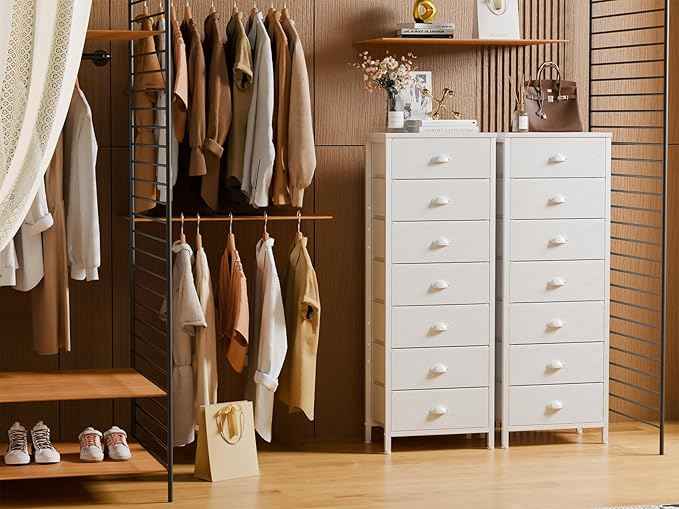 Furnulem White Tall Dresser for Bedroom with 7 Drawers, Vertical Chest of Drawer in Closet, Nightstand Storage Tower Unit Organizer with Fabric Bins for Dorm,Living Room,Entryway,Hallyway