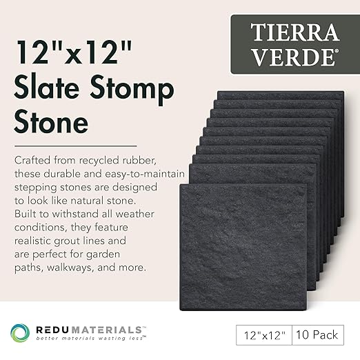 TierraVerde 10-Pack 12”x12” Fake Stomp Rubber Stepping Stones, Square, Black – Reversible Non-Slip Outdoor Faux Decorative Set for Landscaping – DIY Decor for Walkways & Yard Pathways