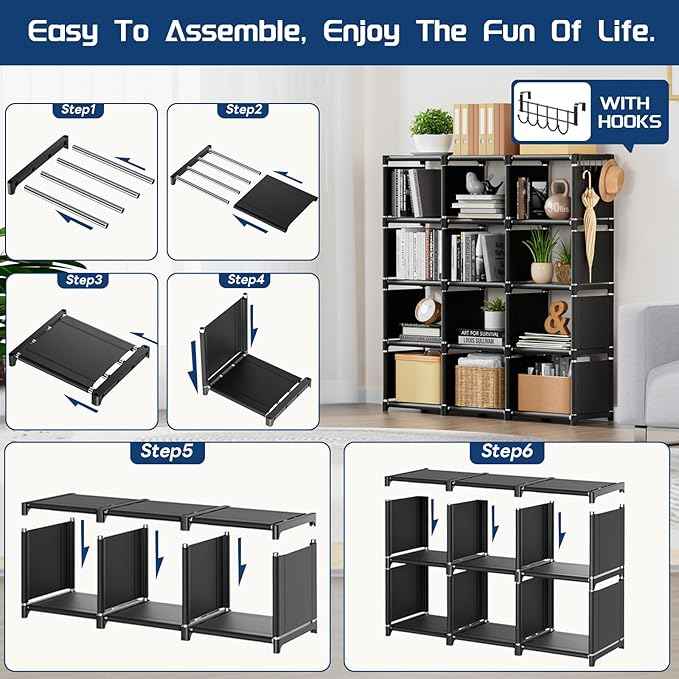 Mavivegue Book Shelf, 12 Cube Storage Organizer, DIY Bookcase, Metal Cube Bookshelf, Cubbies Closet Storage Organizer Shelves for Bedroom,Living Room,Home,Office