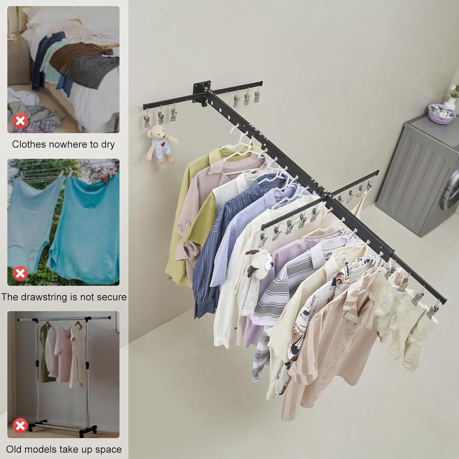 BESy Tri-Fold Foldable Clothes Drying Rack Retractable Hanging Collapsible Dryer Hanger Racks for Laundry Balcony Bathroom Space Saver Outdoor Indoor 20 Clips Aluminum Alloy Wall Mounted Matte Black - NestledHome