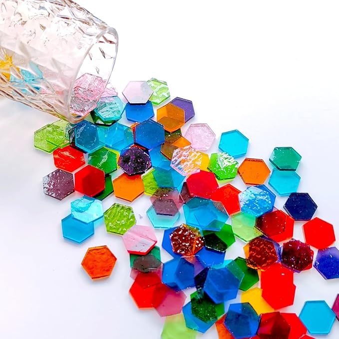 100 pcs Hexagon Transparent Stained Glass Pieces Mosaics Tiles for Crafts Bulk, Hand Precut Mosaic for Stained Glass Bee Honeycombs, Mosaic Kits for Adults
