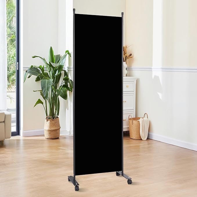 Room Divider 6FT Room Partition with Lockable Wheels, (Thicked Metal Base) Room Dividers, Freestanding Indoor Folding Privacy Screens, Portable Fabric Wall Divider for (Black, 21.5"- 1 Panel)