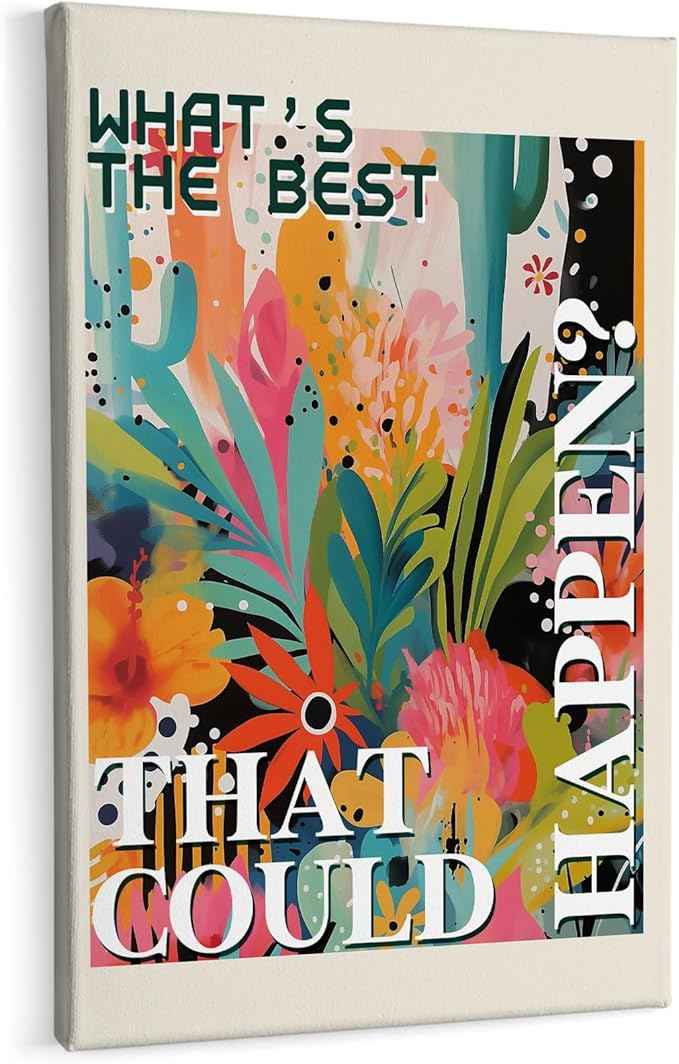 HIWX What's the Best That Could Happen Maximalist Floral Framed Canvas Painting Wall Art Decor, Funky Eclectic Botanical Inspirational Wall Art Home Decoration for Home Bedroom Room, 16x24