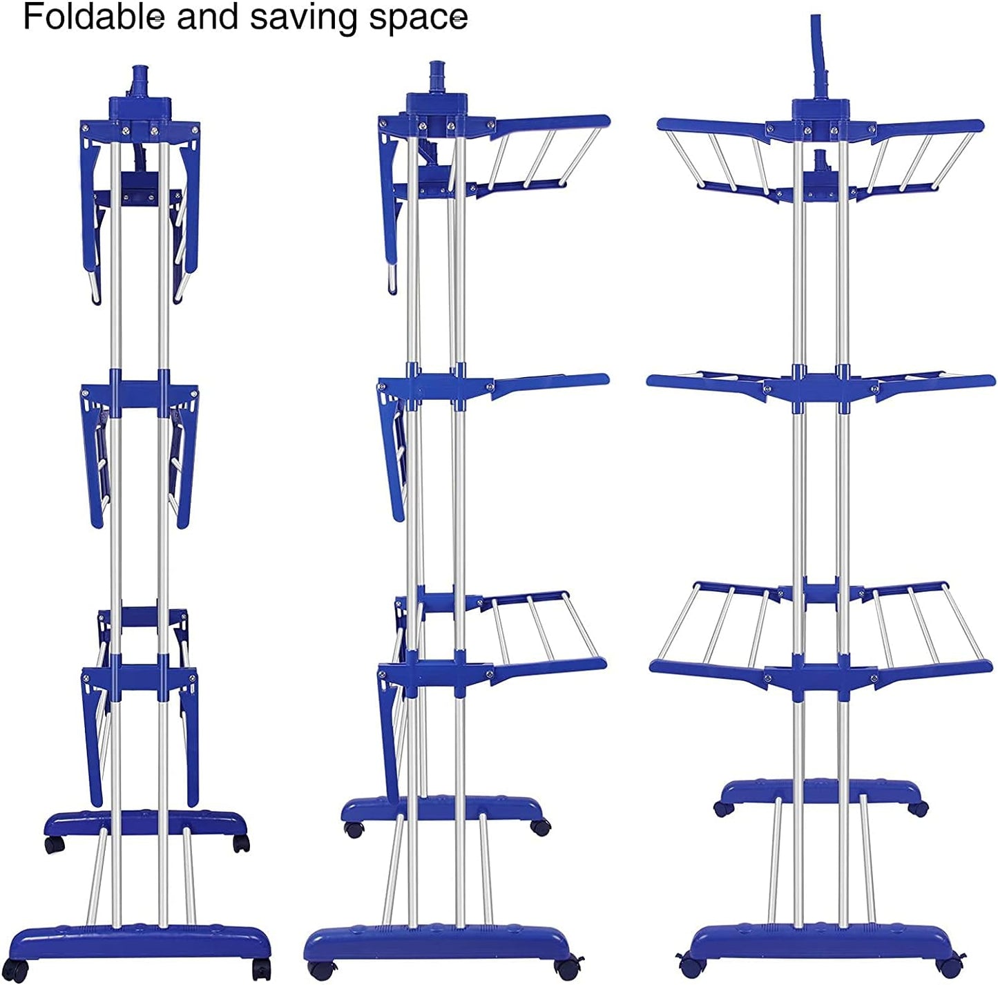Bigzzia Clothes Drying Rack, Folding Stainless Steel Drying Rack Clothing Indoor Outdoor, Space-Saving, 4 Tier Laundry Drying Rack with Two Side Wings Grey Blue - NestledHome