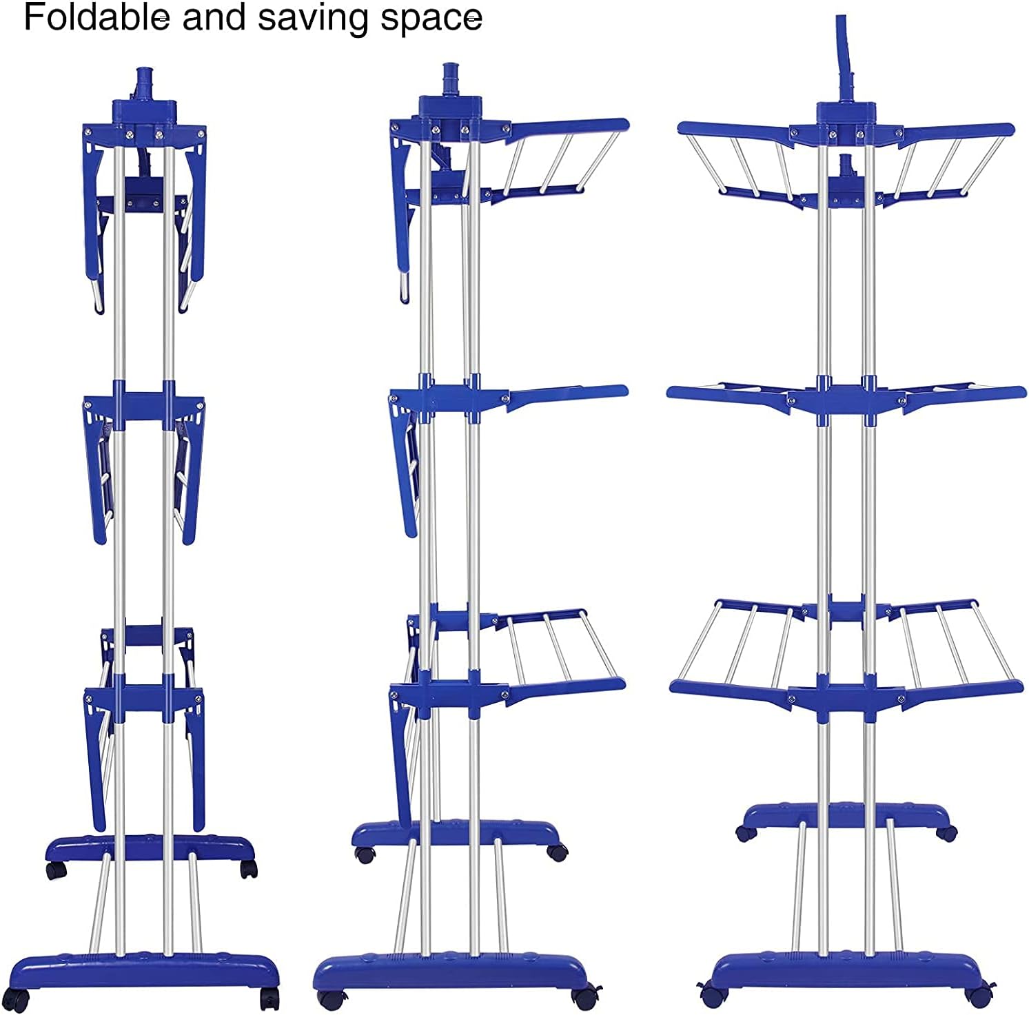 Bigzzia Clothes Drying Rack, Folding Stainless Steel Drying Rack Clothing Indoor Outdoor, Space-Saving, 4 Tier Laundry Drying Rack with Two Side Wings Grey Blue - NestledHome