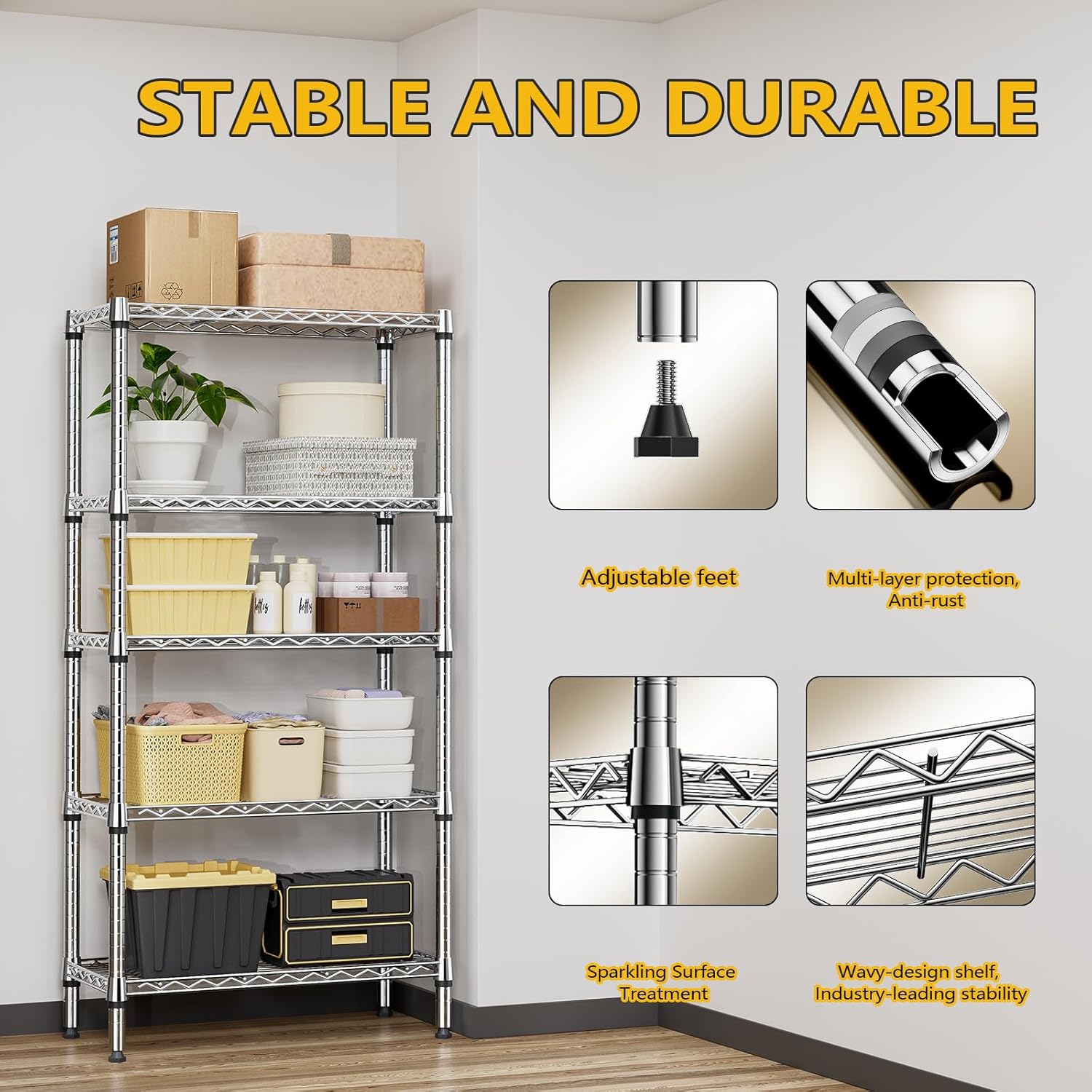 1250 lbs 5 Tier Shelf Metal Storage Shelves Shelving Wire Rack Heavy Duty Closet Organizers for Garage Kitchen Bathroom Laundry Chrome 13.8" D x 29.5" W x 59.5" H - NestledHome