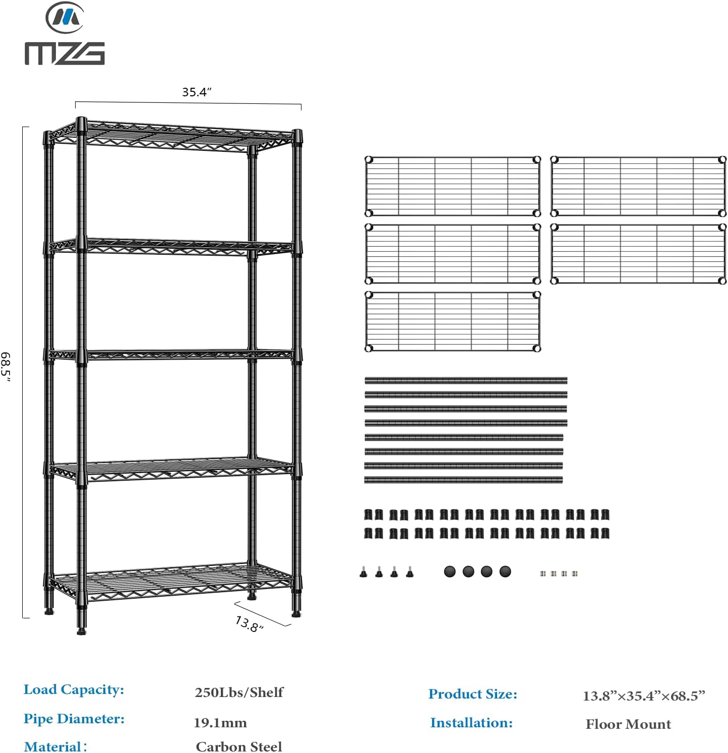 1250 lbs 5 Tier Shelf Metal Storage Shelves Shelving Wire Rack Heavy Duty Closet Organizers for Garage Kitchen Bathroom Laundry Black 13.8" D x 35.4" W x 68.5" H - NestledHome
