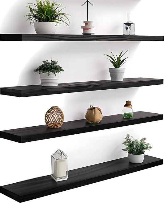 Wood Floating Shelves for Wall Decor, Rustic Wall Shelves for Bedroom Bathroom Kitchen Living Room, Set of 4 Black 36 Inch - NestledHome