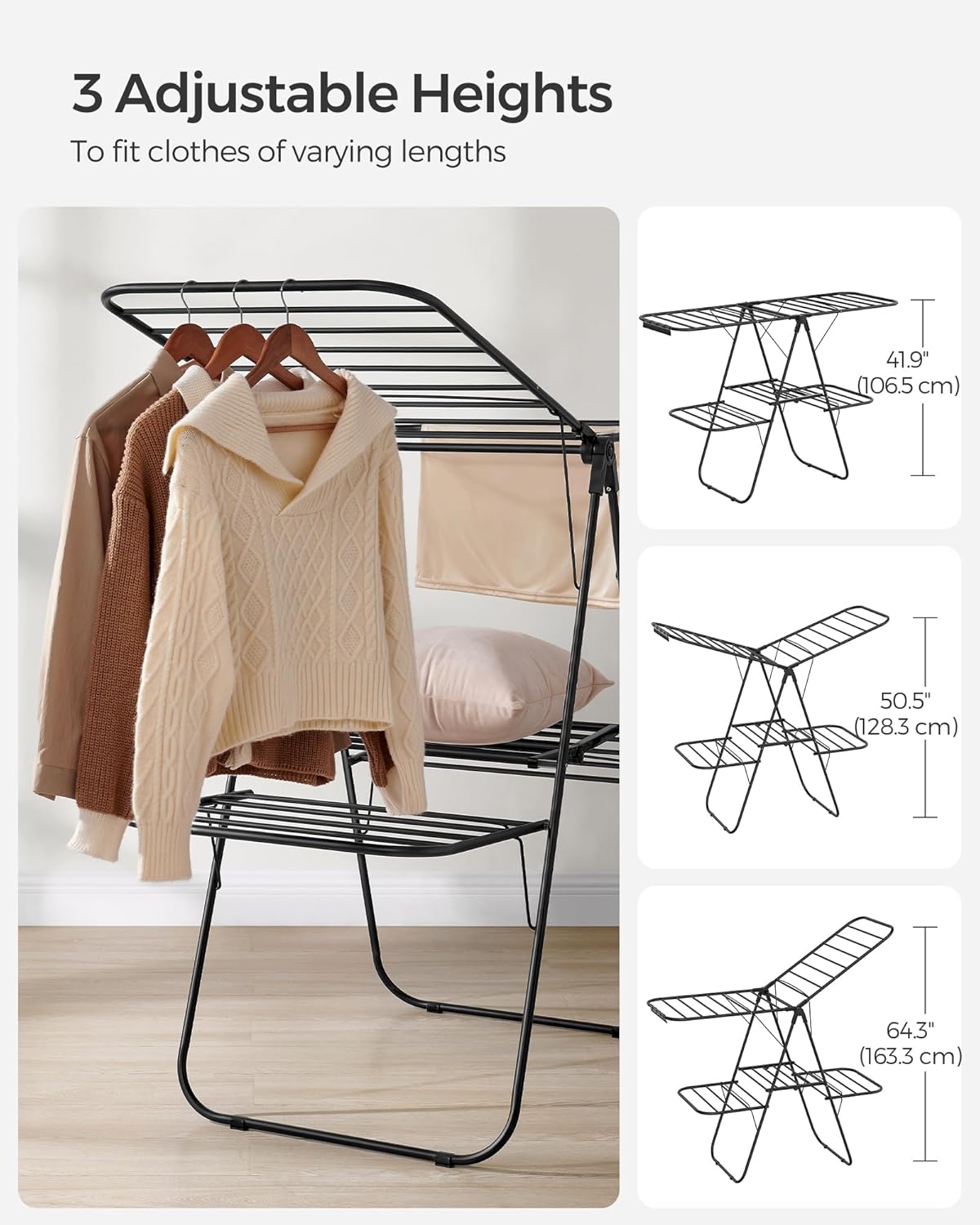 SONGMICS Clothes Drying Rack, Foldable 2-Level Laundry Drying Rack, Free-Standing Laundry Airer, with Height-Adjustable Wings, 33 Drying Rails, Sock Clips, Black ULLR053B01V1 - NestledHome