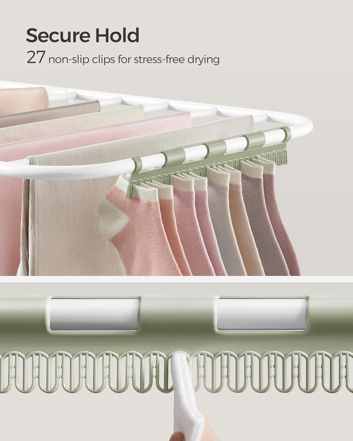 SONGMICS Clothes Drying Rack, with Sock Clips, Metal Laundry Rack, Foldable, Space-Saving, Free-Standing Airer, with 2 Height-Adjustable Gullwings, Indoor Outdoor Use, White and Green ULLR052C01 - NestledHome