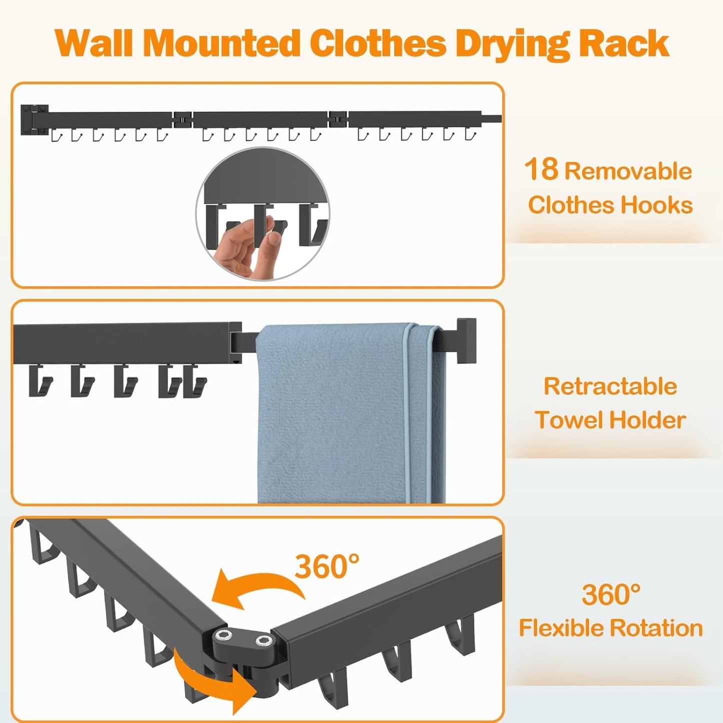 Wall Mount Clothes Drying Rack, 2-Fold Foldable & Sturdy Laundry Drying Rack Wall Mounted, [No Drilling] Space Saver for Laundry, Balcony, Bathroom, Patio, Dormitory, Apartment-Black - NestledHome