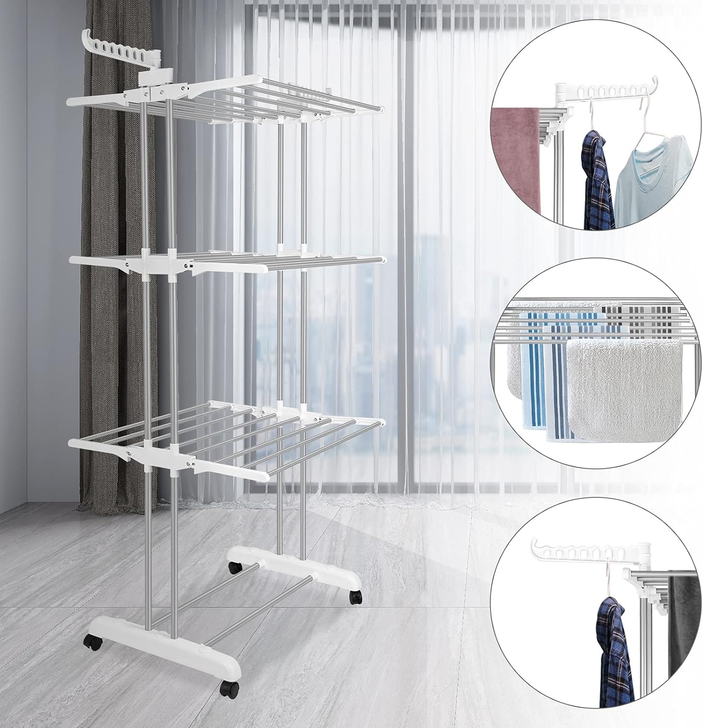 Bigzzia Clothes Drying Rack, Folding Stainless Steel Drying Rack Clothing Indoor Outdoor, Space-Saving, 4 Tier Laundry Drying Rack with Two Side Wings -Grey White - NestledHome