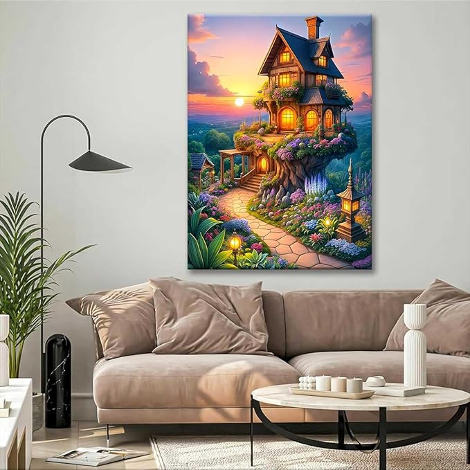 Paint by Numbers Kit for Adults Framed, Whimsical Treehouse Cottage at Sunset, DIY Oil Painting, Pre-Printed Canvas Wall Art Home Decor Gift, 20x24inch Framed, 24 Colors