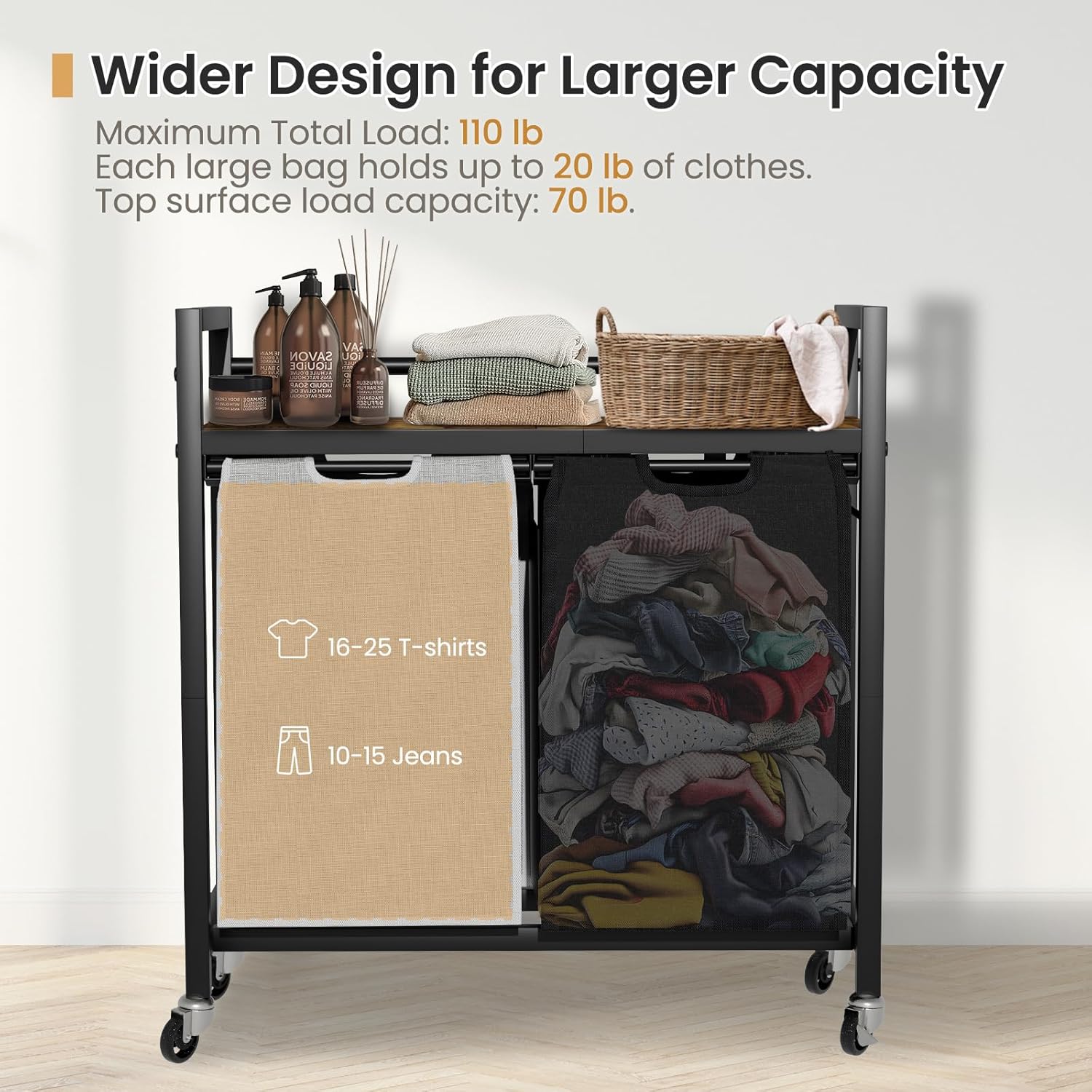 Laundry Hamper, Laundry Basket, Laundry Sorter with 2 Removable Bags, Clothes Basket with 2 Compartments, Wheels, Shelf for Laundry Room Bathroom Bedroom (2 Bags-Black Grey) - NestledHome