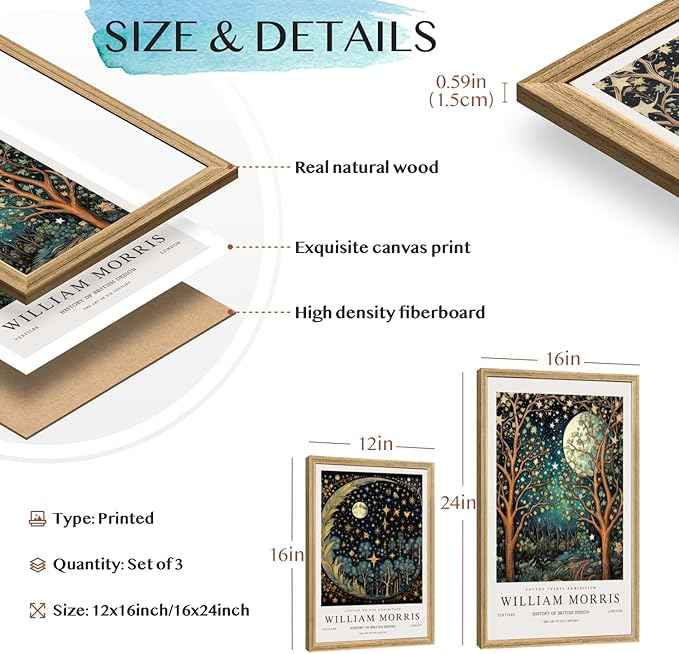 Hianan William Morris Canvas Wall Art, Vintage Gold Moon Stars Poster Prints, Many Dreamlike Stars Wall Decor, Retro Botanical Aesthetic Picture for Bedroom Living Room Office Wood Framed 12"x16"x3