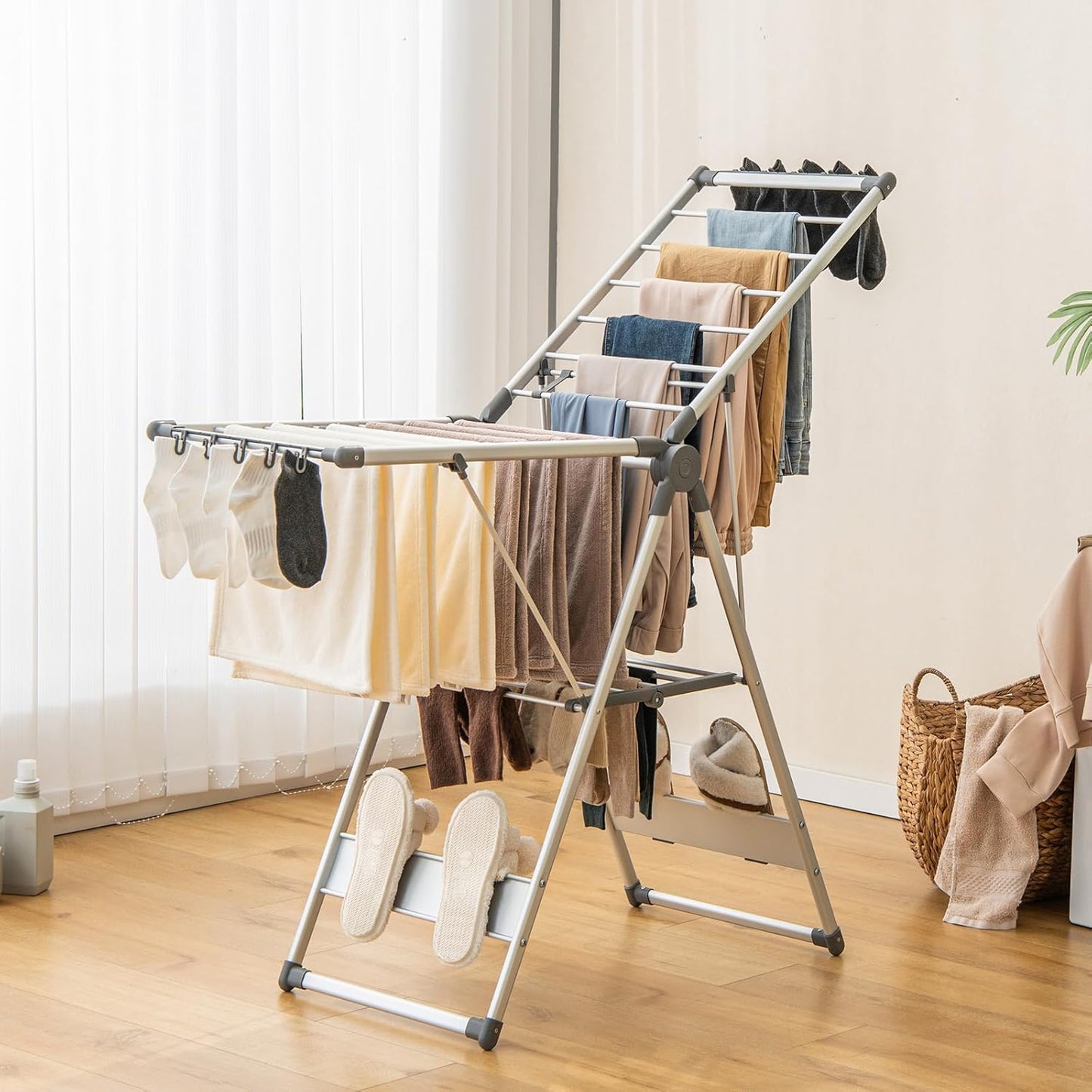 Giantex Clothes Drying Rack, 2-Layer Aluminum Foldable Laundry Drying Rack with 5-Level Adjustable Height, 21 Drying Rails, 10 Side Clips, 4 Shoe Holders, Space Saving Collapsible Laundry Drying Rack - NestledHome