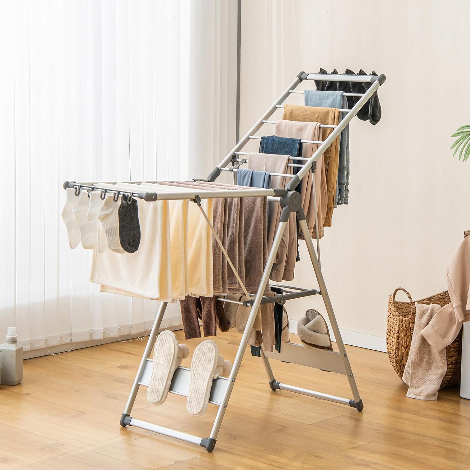 Giantex Clothes Drying Rack, 2-Layer Aluminum Foldable Laundry Drying Rack with 5-Level Adjustable Height, 21 Drying Rails, 10 Side Clips, 4 Shoe Holders, Space Saving Collapsible Laundry Drying Rack - NestledHome