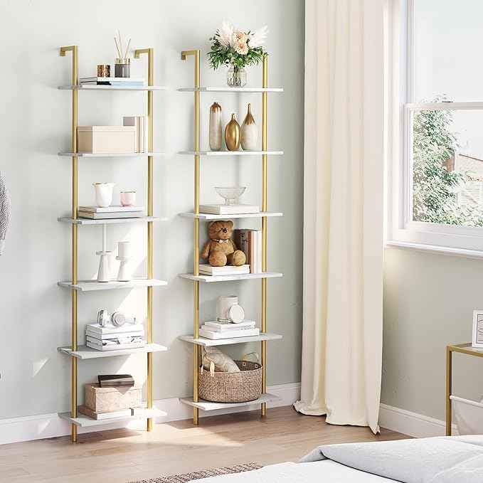 HOOBRO DIY Ladder Shelf, 6-Tier Wooden Wall Mounted Bookshelf, Narrow Gold Bookcase, Display Shelf, Storage Rack, Plant Stand, for Living Room, Bedroom, Study, Balcony, Marble and Gold DM651CJ01